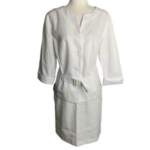 T Milano 2 pc Top Pencil Skirt Set 14 White V Neck Cuffed Sleeve Buttons Zip